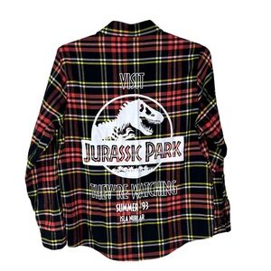 Cakeworthy Jurassic Park Flannel Shirt Men Medium Plaid Black Red Dinosaur Movie
